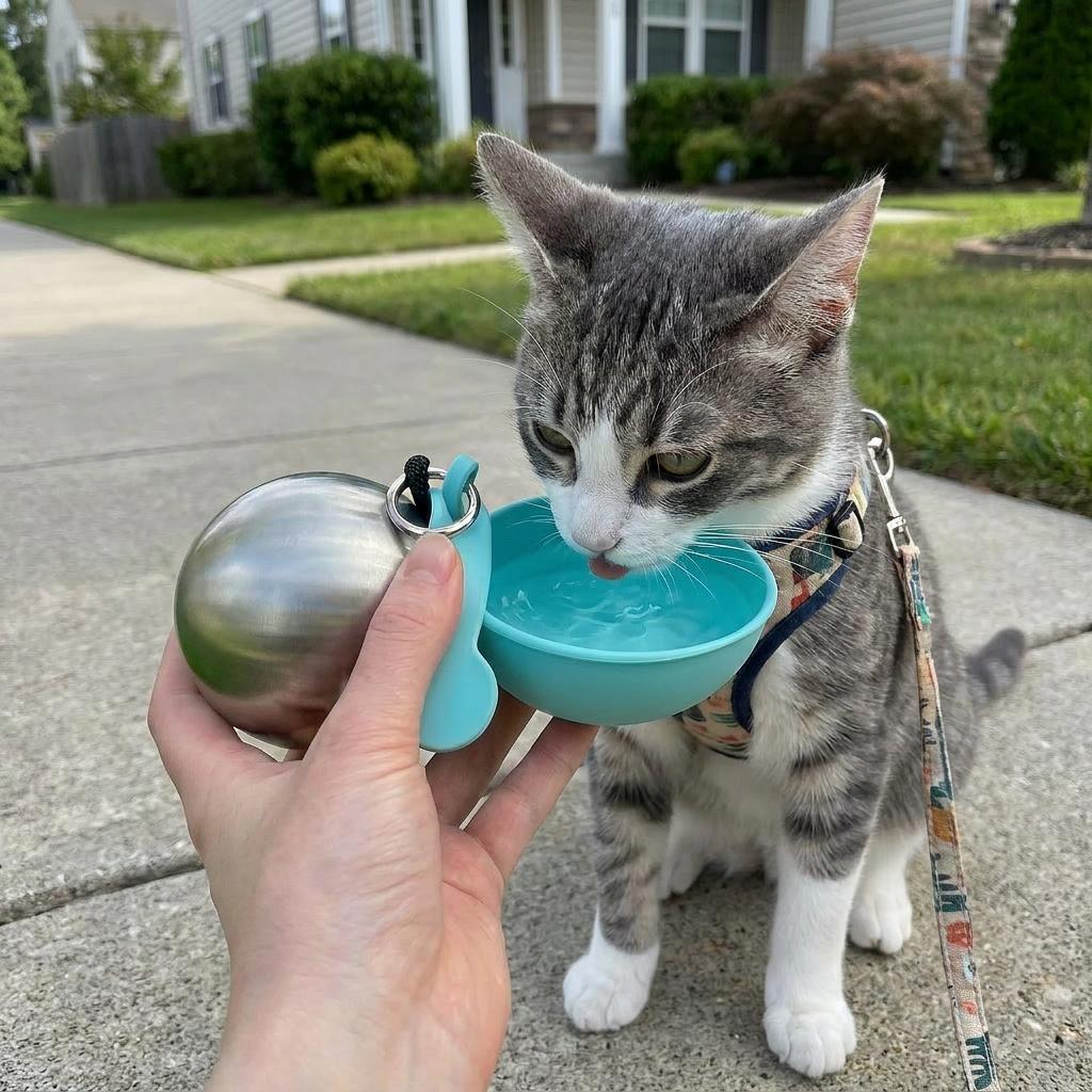 Cat drinking from a blue water bowl held by a person on a sidewalk.
ALWAYS_DISPLAY