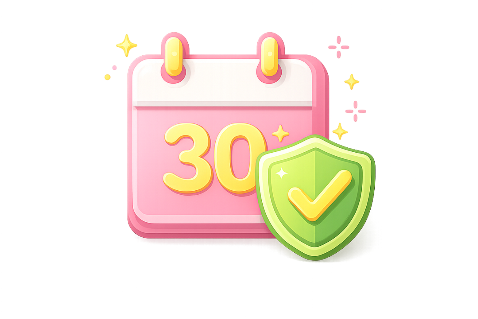 Calendar with '30' and a green shield with a check mark on a white background