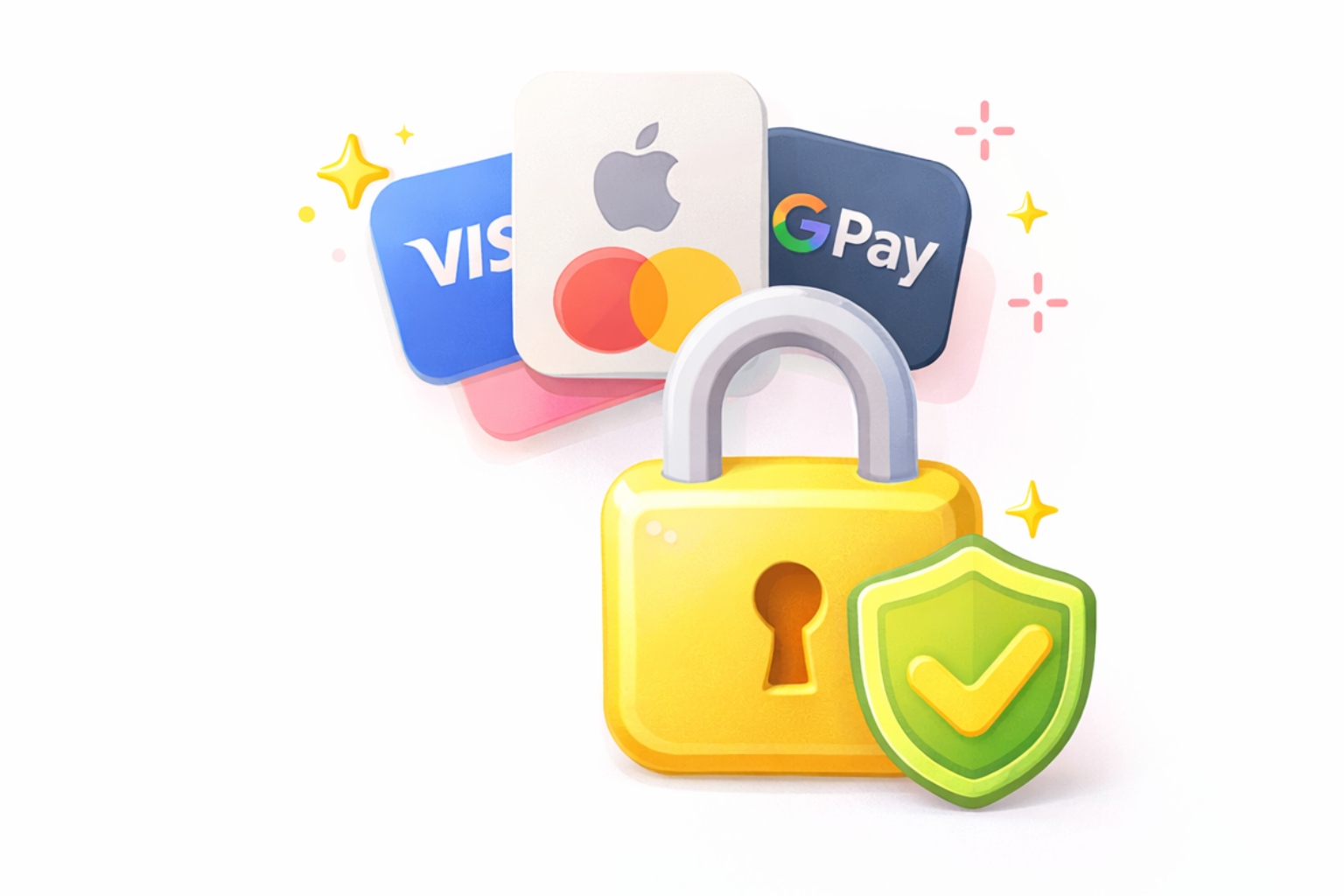 Lock icon with shield and various payment card logos on a white background