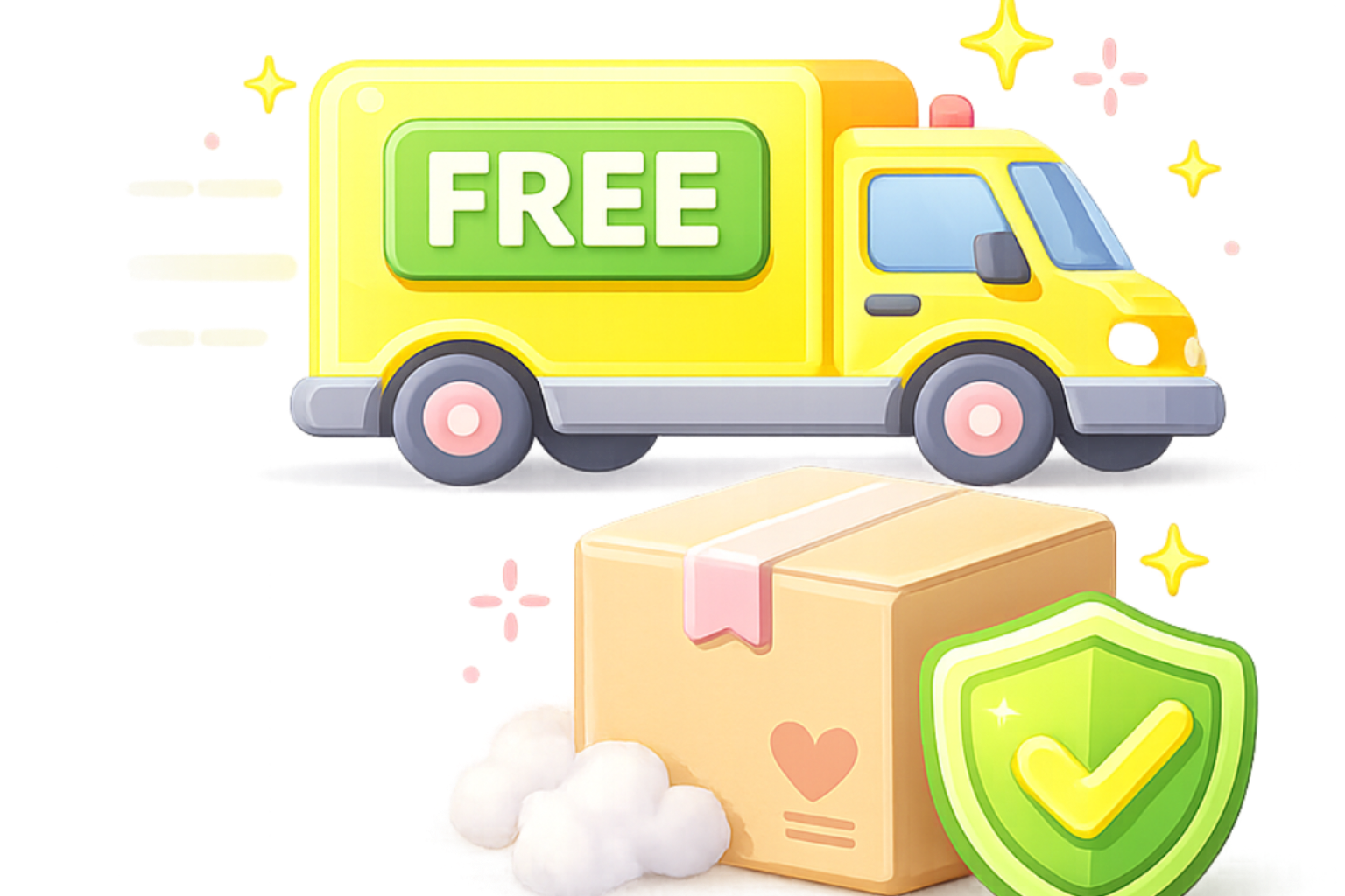 Illustration of a yellow delivery truck with a free sign, a cardboard box, and a green shield with a check mark on a white background.