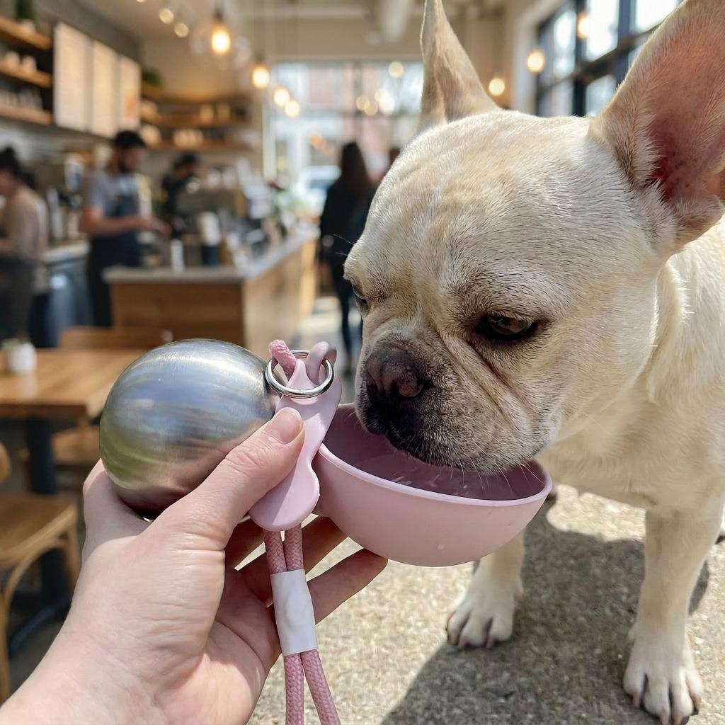 Dog drinking from a pink bowl held by a person in a cafe setting
ALWAYS_DISPLAY