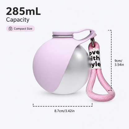 Pink and silver water bottle with a keychain on a white background, showing capacity and dimensions.
ALWAYS_DISPLAY